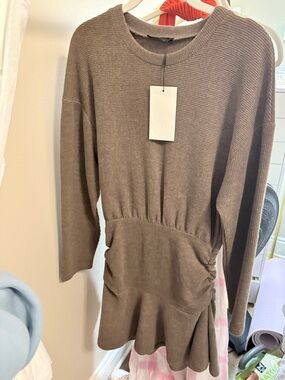 Zara Taupe Ribbed Long-Sleeve Knit Dress